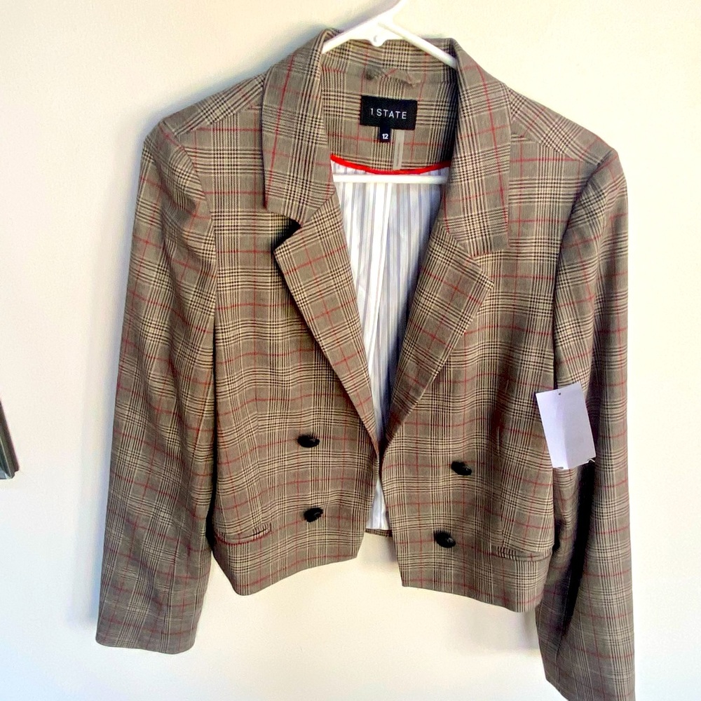 1 State Cropped Brown Plaid Blazer. Double Breasted. Size 12. NWT